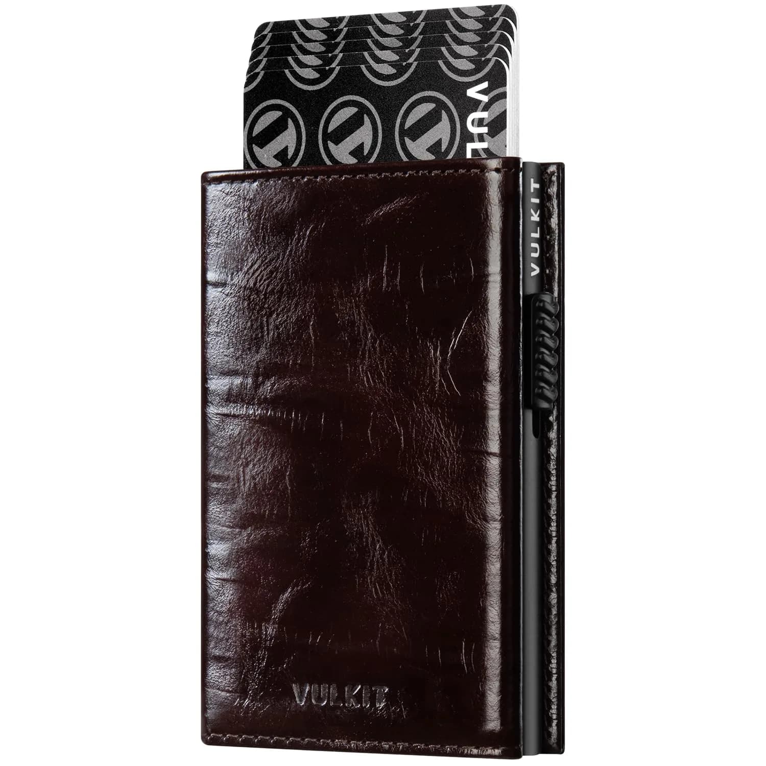 VULKIT Card Holder Wallet with Coin Pocket Magnetic Closure Pop Up Cards for Cash & Credit Cards | RFID/NFC Blocker — Classic Oil-Waxed Style - Reddish Brown