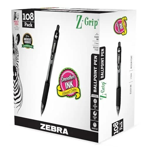 Zebra Pen Z-Grip Retractable Ballpoint Pens, Black Ink, 1.0mm Medium Point, 108-Pack | Smooth Writing for Students & Office thumbnail 1