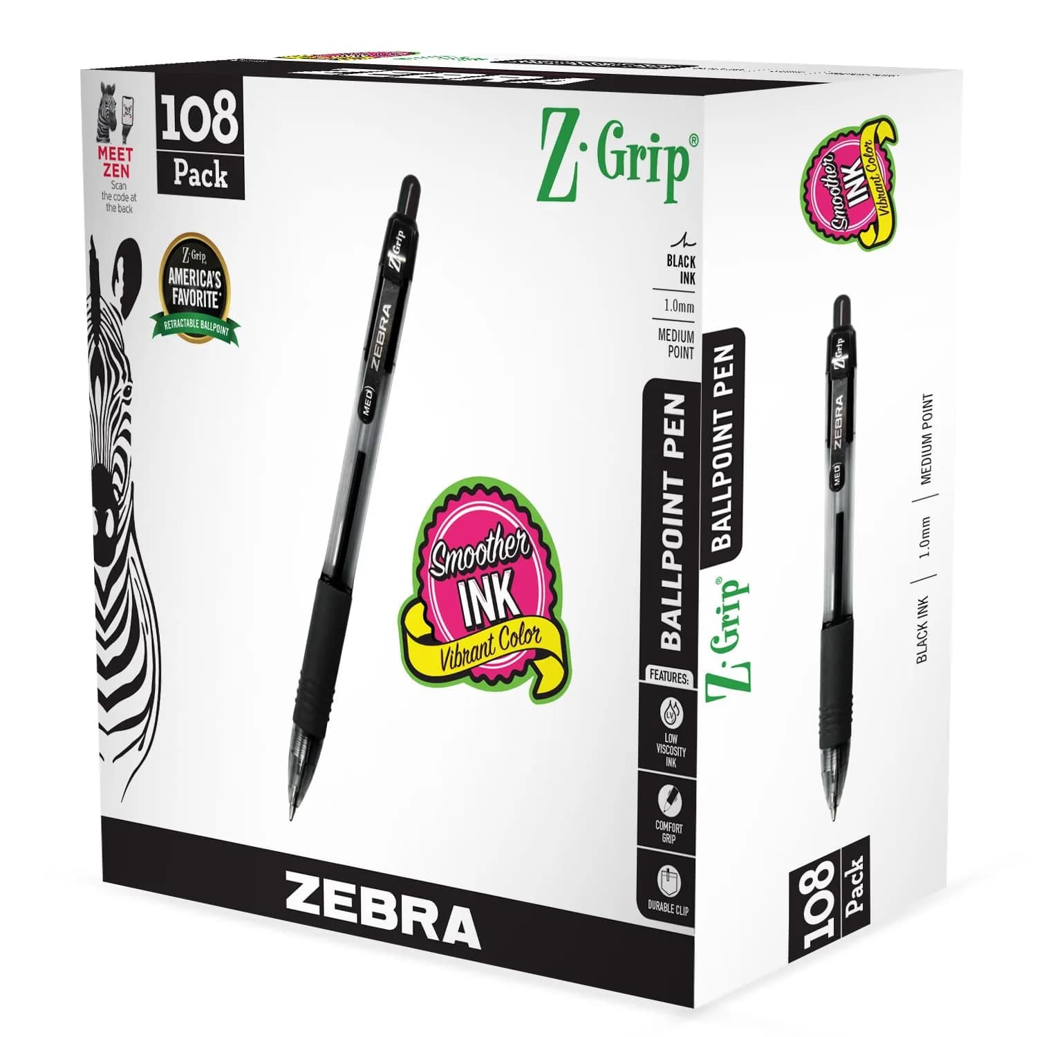 Zebra Pen Z-Grip Retractable Ballpoint Pens, Black Ink, 1.0mm Medium Point, 24-Pack | Smooth Writing for Students & Professionals — Black K