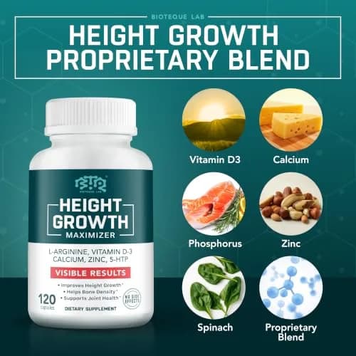 BIOTEQUELAB Height Growth Maximizer, Calcium, Vitamin D3 & Zinc, 180 Caps | Bone Support for Kids & Teens thumbnail 8