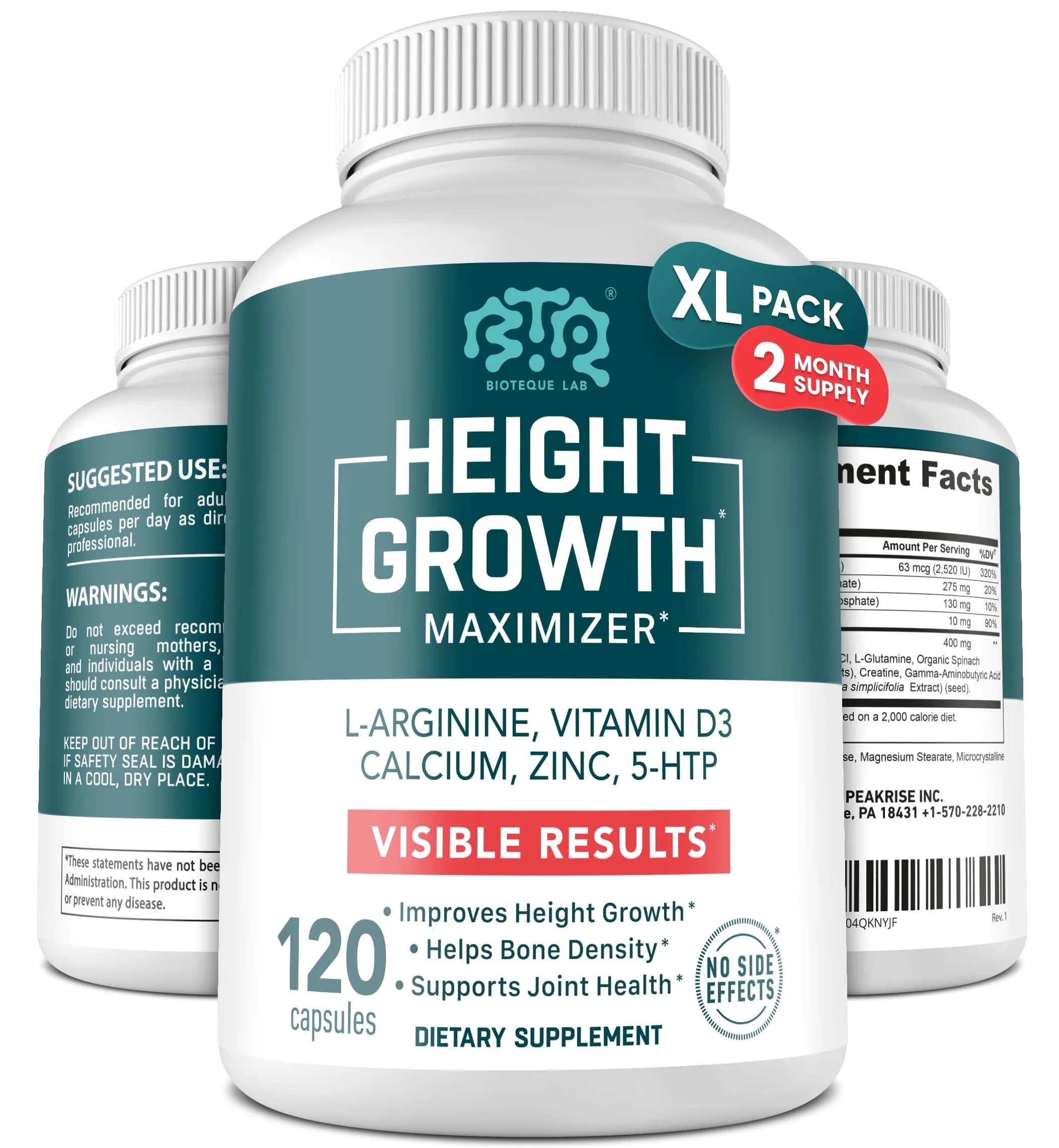 BIOTEQUELAB Height Growth Maximizer, Calcium, Vitamin D3 & Zinc, 120 Caps | Bone Support & Natural Growth - main product image
