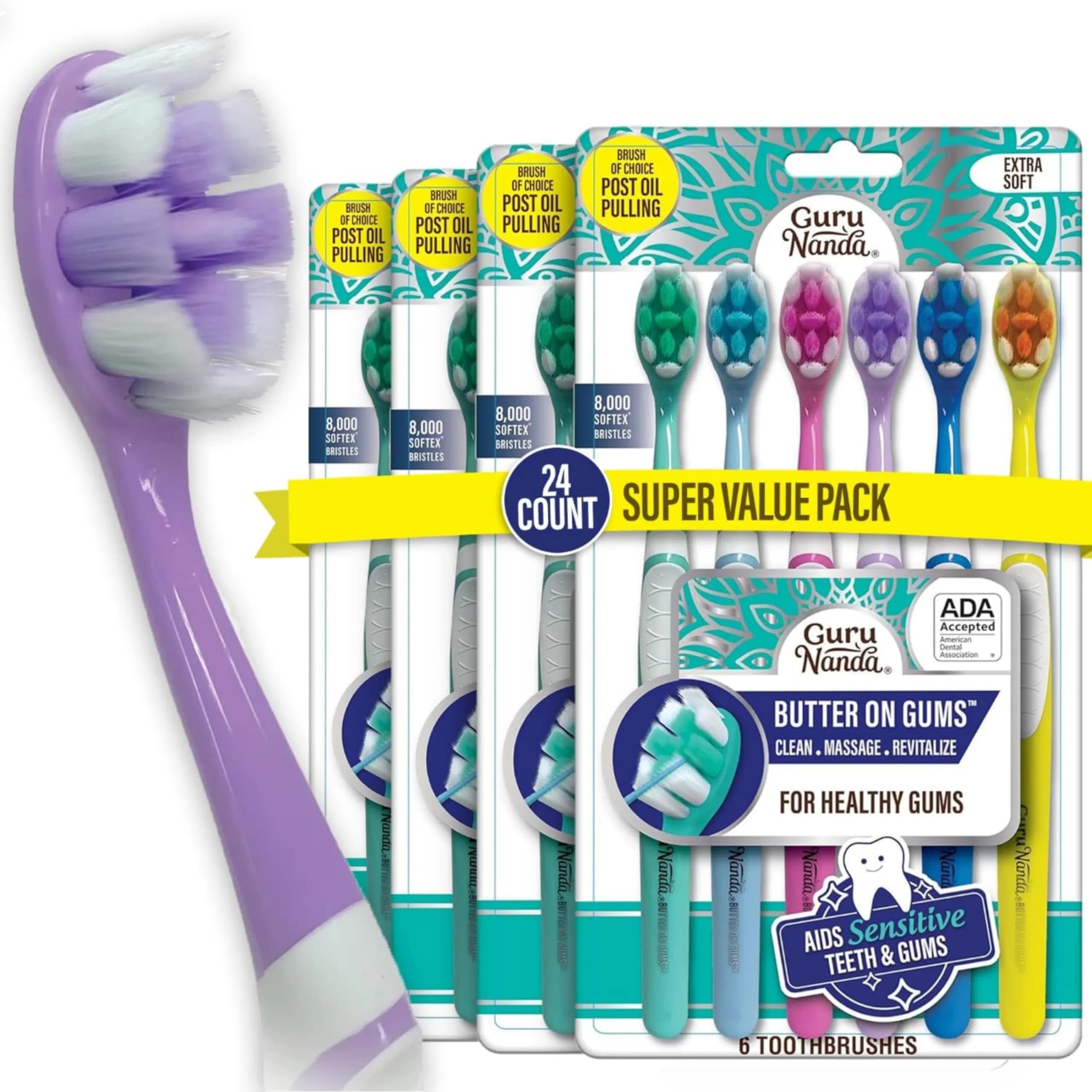 GuruNanda Butter on Gums Toothbrush 6 Ct (Pack of 4) | ADA Accepted Ultra Soft Bristles for Sensitive Gums — Multicolor