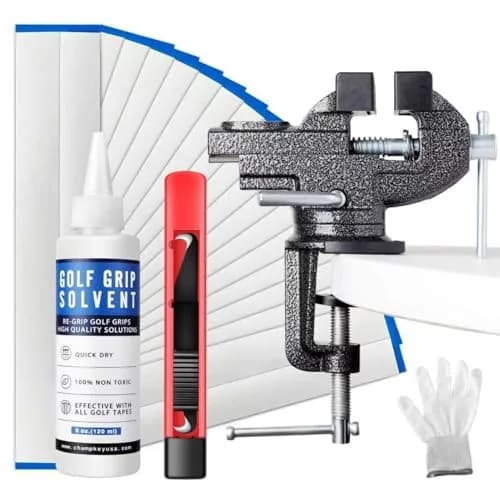CHAMPKEY Deluxe Golf Club Grip Repair Kit with Metal Table Vise, 5 oz Solvent, 15 Tapes, Glove (4-in-1) thumbnail 1