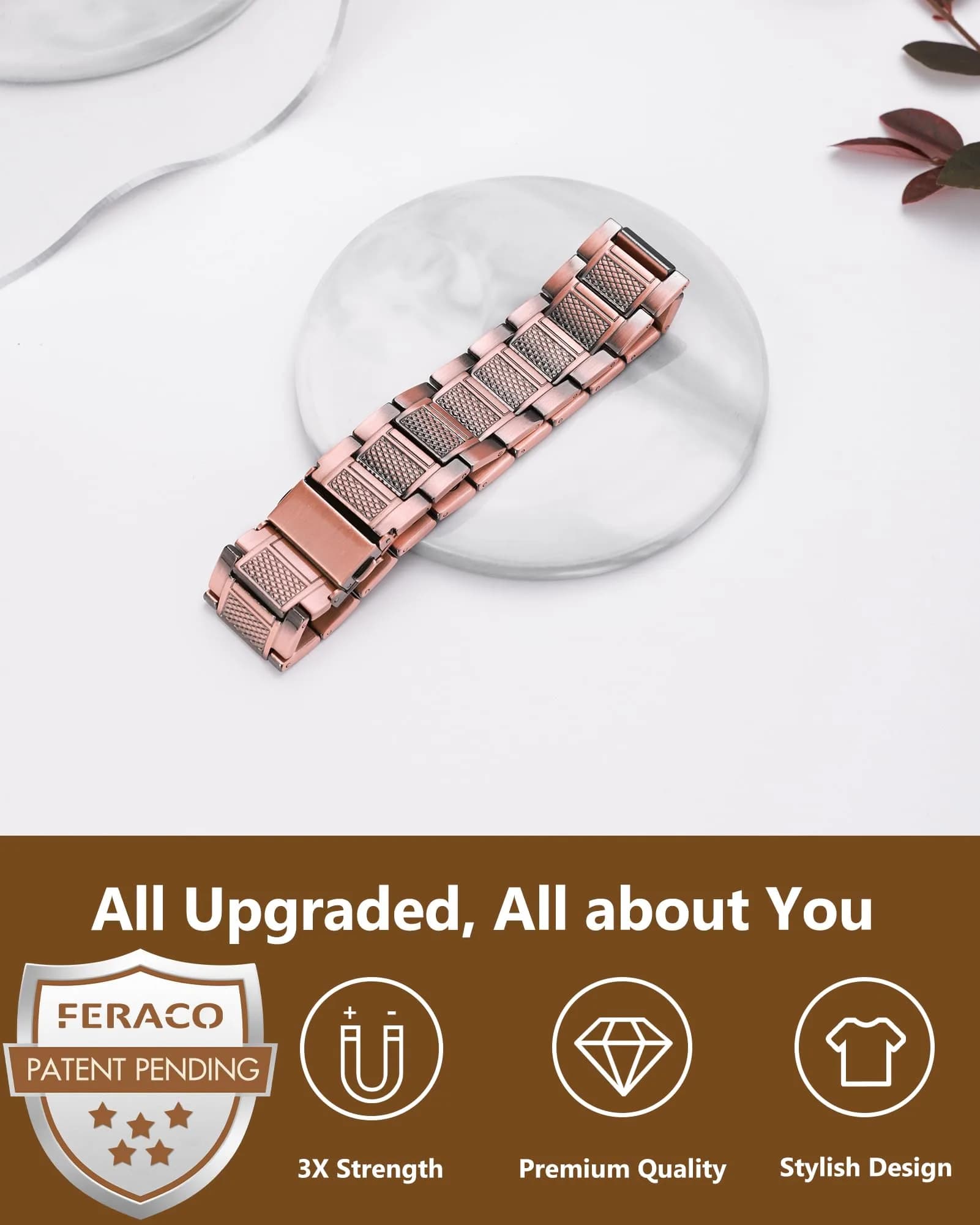 Feraco Copper Magnetic Bracelet for Men, 22 cm (8.66 inches) | Classic Geometric Pattern - view 4