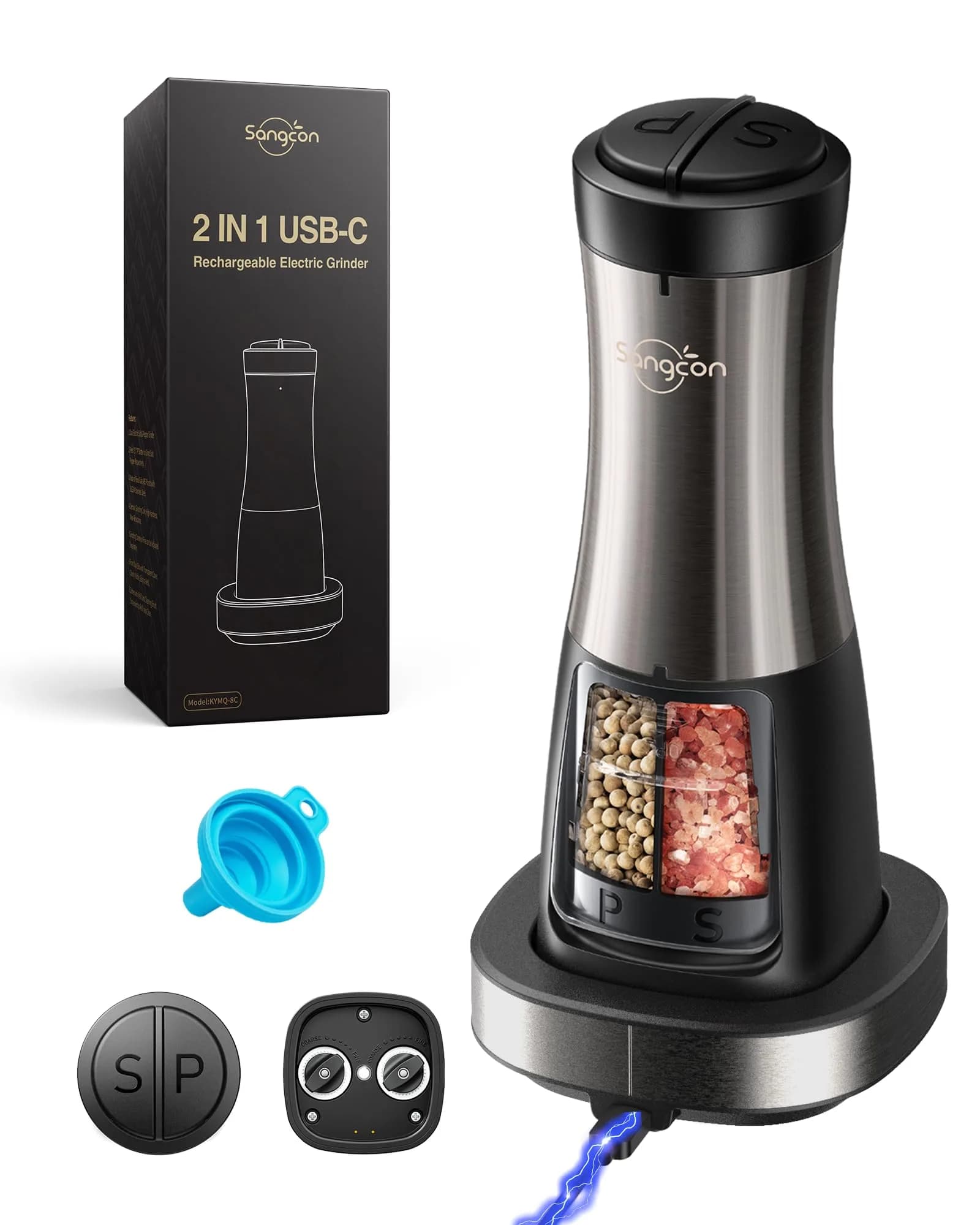 Sangcon 2-in-1 Rechargeable Salt and Pepper Grinder Set with USB-C Base & Light | Gunmetal Plus — Gunmetal Plus