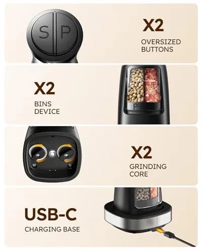 Sangcon 2-in-1 Rechargeable Salt and Pepper Grinder Set with USB-C Base & Light | Gunmetal Plus thumbnail 4