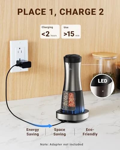 Sangcon 2-in-1 Rechargeable Salt and Pepper Grinder Set with USB-C Base & Light | Gunmetal Plus thumbnail 3