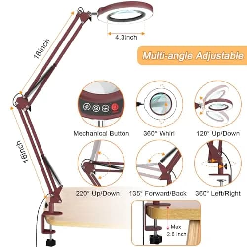 Krstlv Magnifier with Light & Clamp 12X | Adjustable Swing Arm Desk Lamp for Close Work thumbnail 3