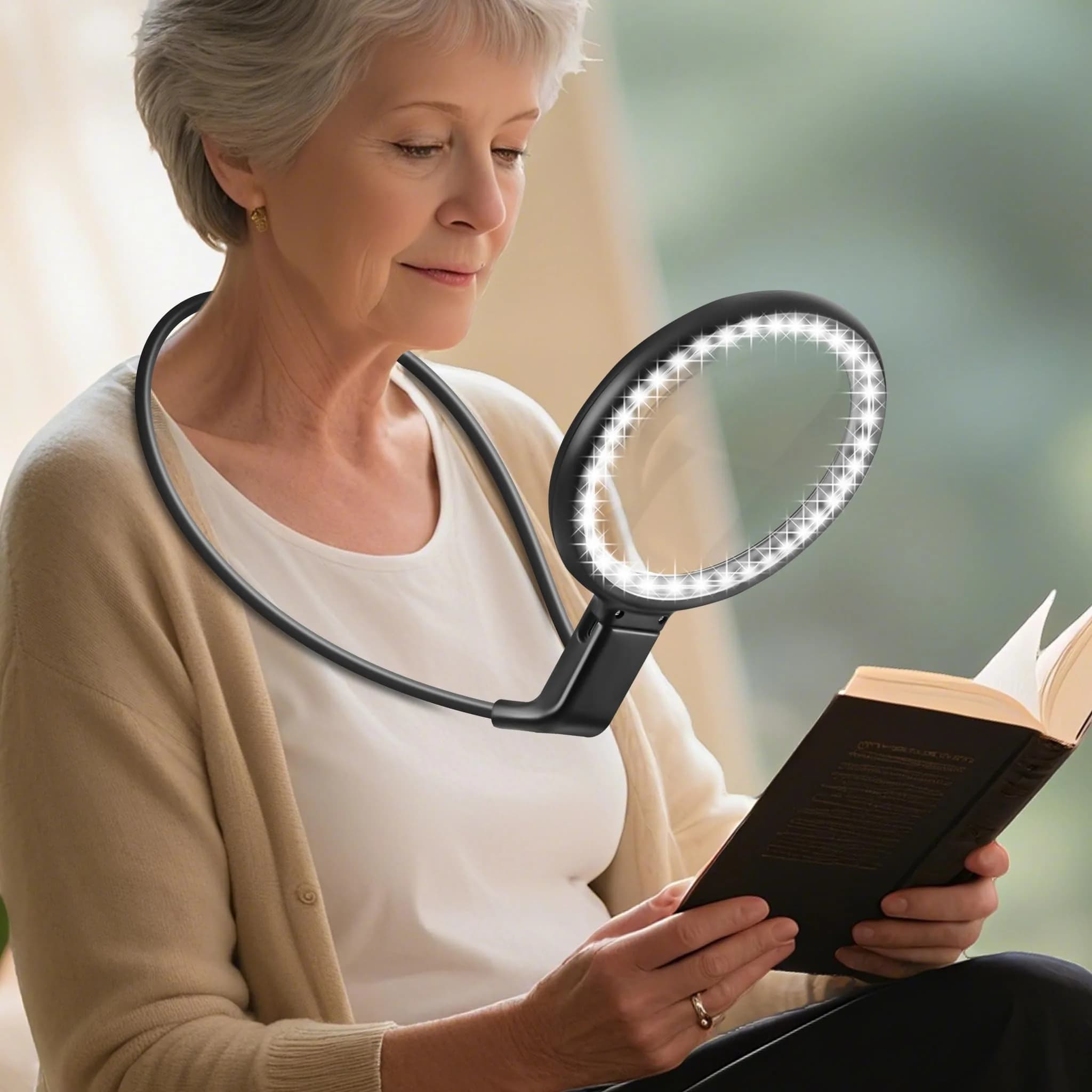 GABORISH Neck Magnifier with Light, 10X 5.2 Inch Acrylic Lens | Hands-Free Magnifying Glass for Reading, Sewing, Crafts — Black