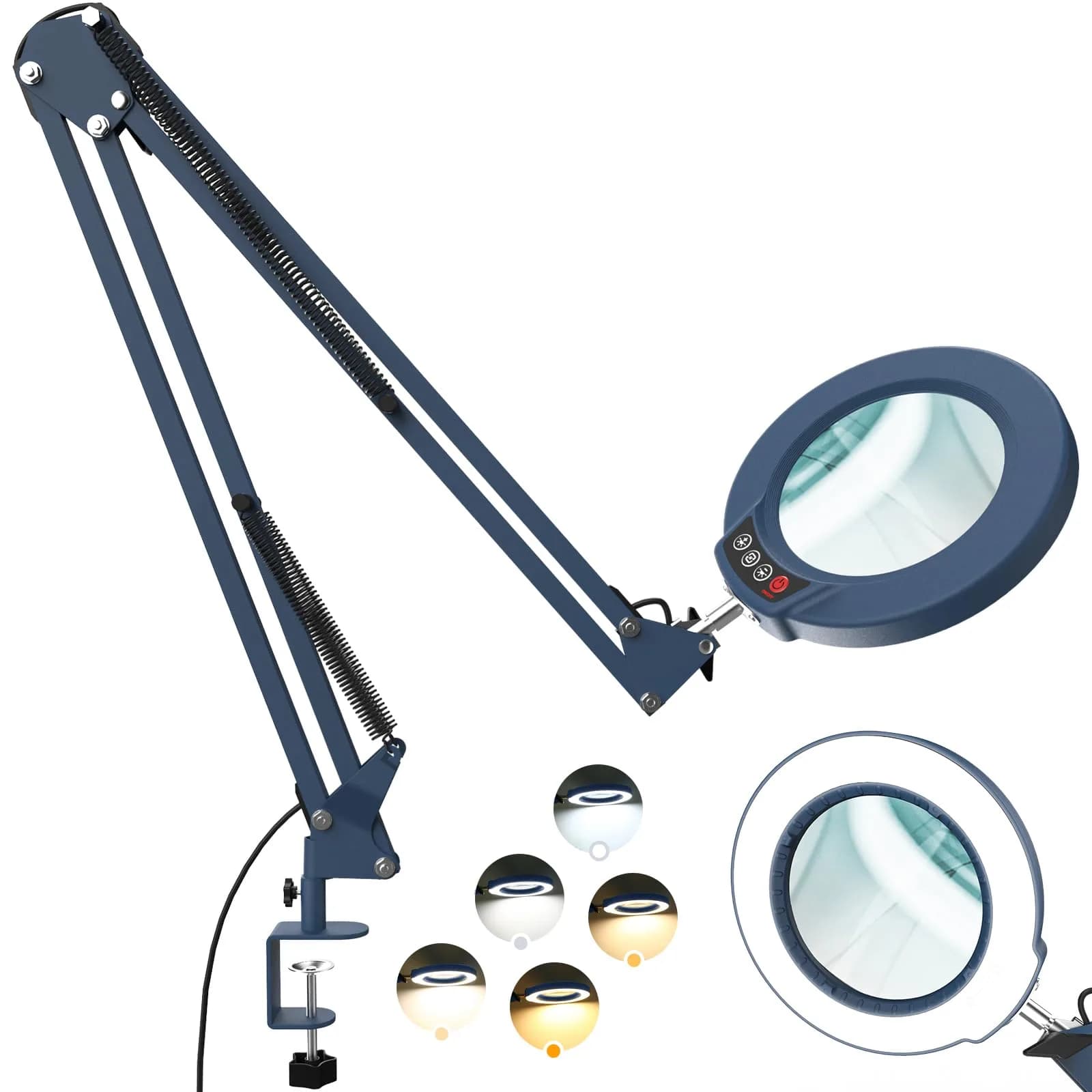 Krstlv Magnifier with Light & Clamp 12X | Adjustable Swing Arm Desk Lamp, Real Glass, 5 Color Modes, Dimmable, Blue — Blue