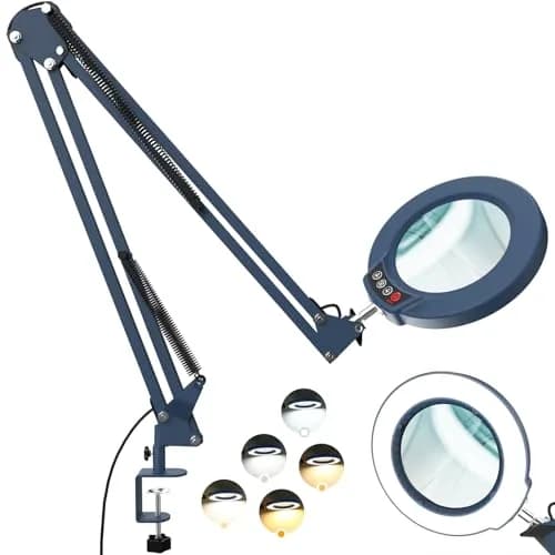 Krstlv Magnifier with Light & Clamp 12X | Adjustable Swing Arm Desk Lamp, Real Glass, 5 Color Modes, Dimmable, Blue thumbnail 1