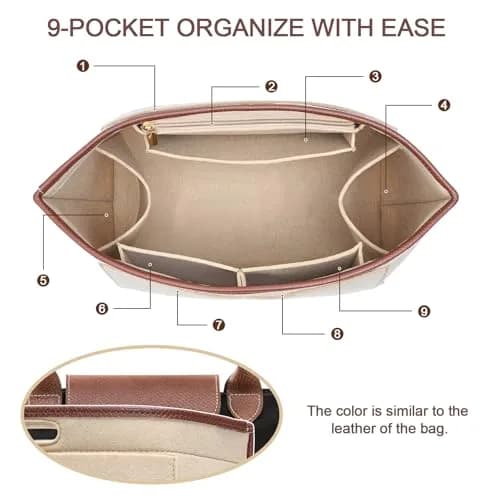 DOIAPUOS Felt Purse Organizer Insert for Longchamp Le Pliage L Bag, Beige, Large | Lightweight Organizer with 6 Pockets thumbnail 4