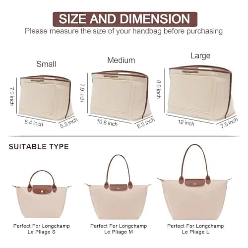 DOIAPUOS Felt Purse Organizer Insert for Longchamp Le Pliage L Bag, Beige, Large | Lightweight Organizer with 6 Pockets thumbnail 2