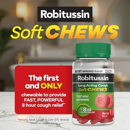 Robitussin Soft Chews Long-Acting Cough Medicine 20 Count | Berry Flavor, Fast Relief, USA Import thumbnail 4