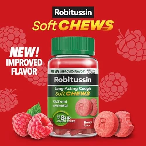 Robitussin Soft Chews Long-Acting Cough Medicine 20 Count | Berry Flavor, Fast Relief, USA Import thumbnail 2