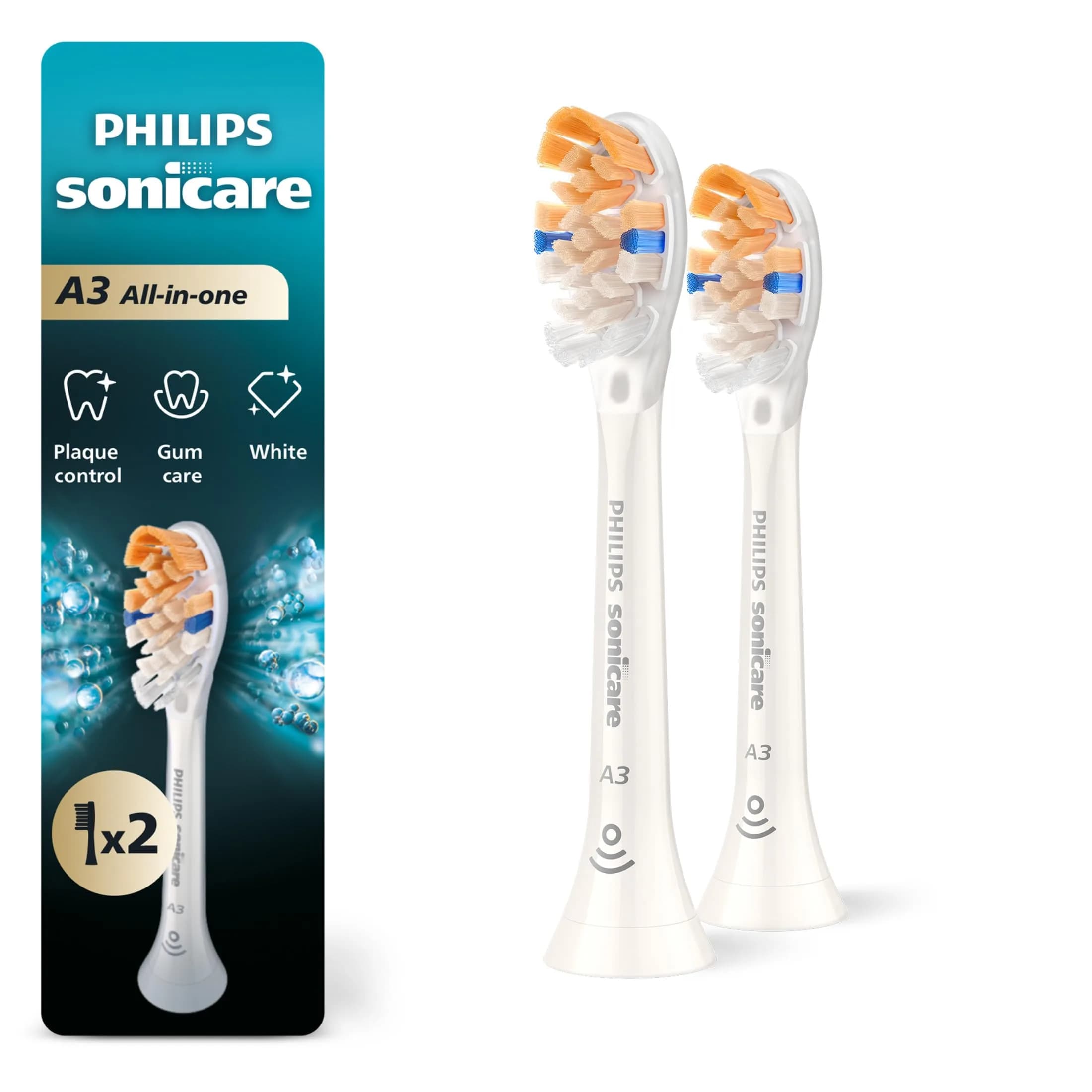 Philips Sonicare A3 All-in-One Brush Heads, 2-Pack, 6 Month Supply, White | 2000% More Plaque Removal