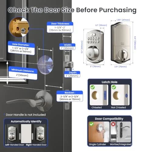 Veise VE012W WiFi Fingerprint Smart Lock with App Control & Keyless Entry, Satin Nickel (1-Pack) thumbnail 6