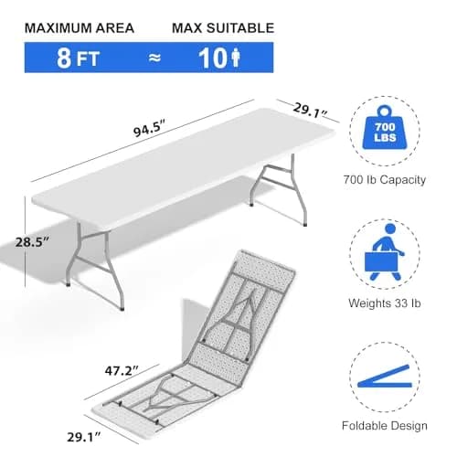 IWDOO 8 FT Folding Table for Camping & Events | Heavy Duty Support, Waterproof, Portable thumbnail 2