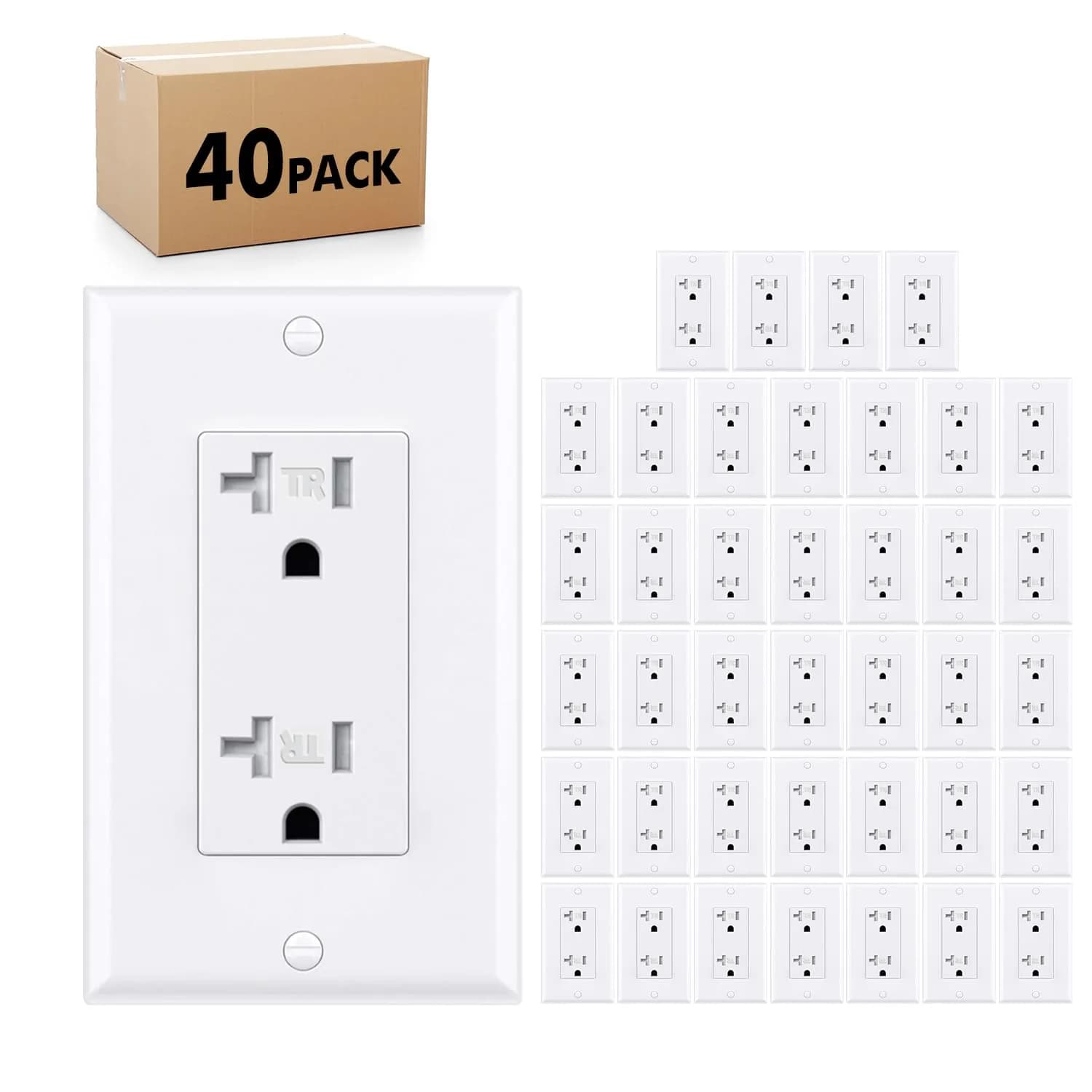 micmi 20A Decorator Receptacle Outlet, White | Tamper Resistant Grounding UL Listed 40 Pack - main product image