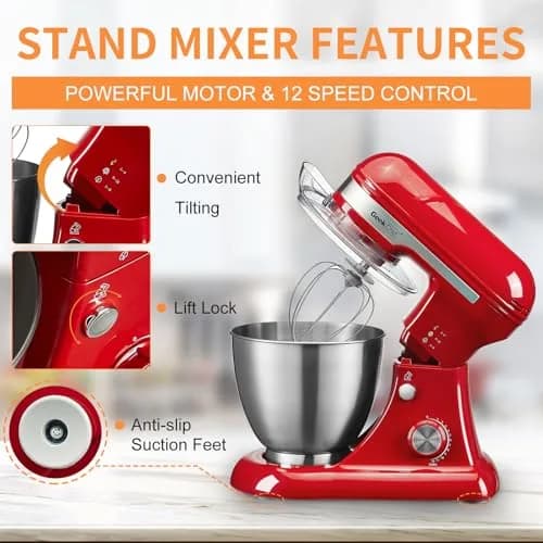Geek Chef Electric Stand Mixer 4.8QT Bright Red | 12 Speeds, Tilt-Head, 280W Power thumbnail 3
