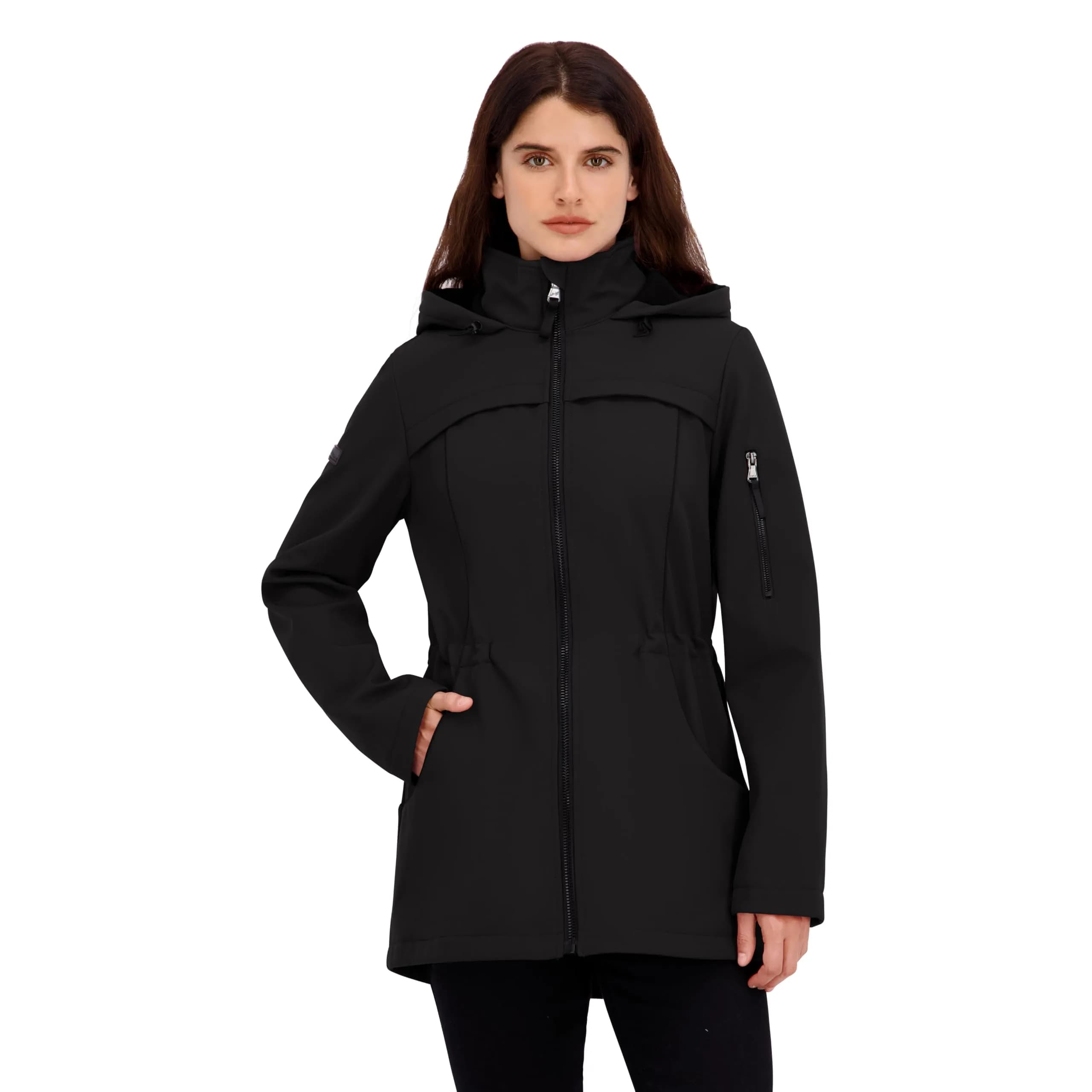 HFX Women's Longline Softshell Jacket, Garnet, Large | Water-Resistant, Breathable, 32" Mid-Length — Ebony