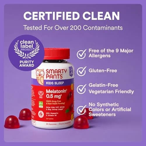 SmartyPants Kids Sleep Melatonin 0.5mg Gummies with Chamomile & Vitamin D3 | Gluten Free, Drug Free, Strawberry Mango Flavor thumbnail 9