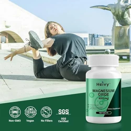 Heivy Magnesium Oxide 400mg | Vegan Mineral Supplement for Muscle Recovery & Relaxation in USA (120 Tablets x 2 Bottles) thumbnail 5