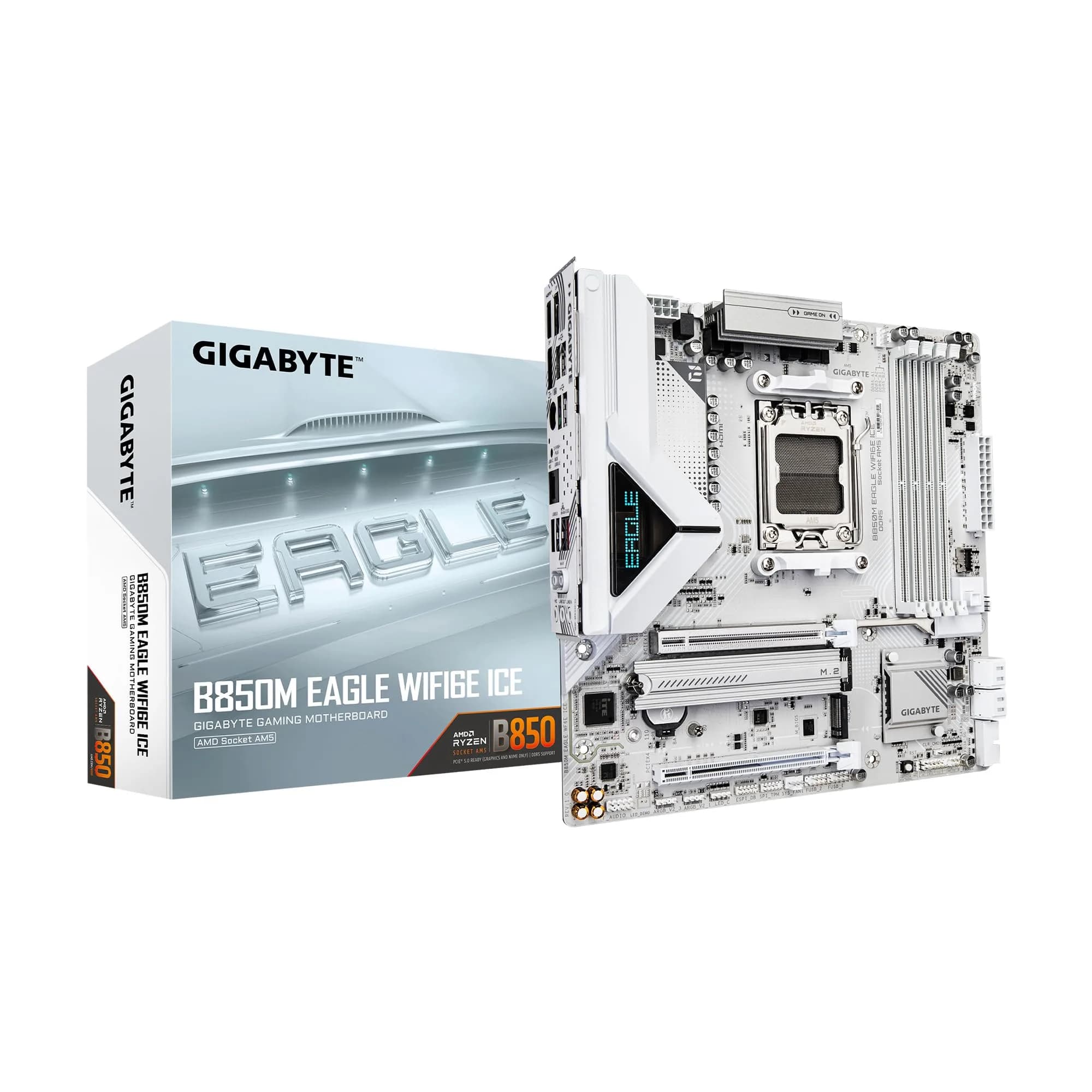 GIGABYTE B850M Eagle WIFI6E ICE AMD AM5 mATX Motherboard Support Ryzen 9000/8000/7000 DDR5 8+2+2 Power Phase 2X M.2 PCIe 5.0 USB-C WIFI6E 2.5GbE LAN 3-Year Warranty — White