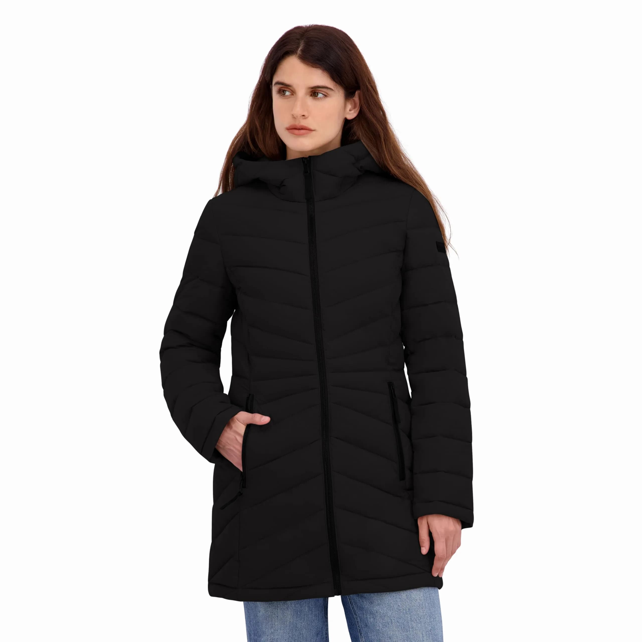 HFX Women's Longline Stretch Puffer Coat, Black, X-Large | Active & Performance Winter Outerwear