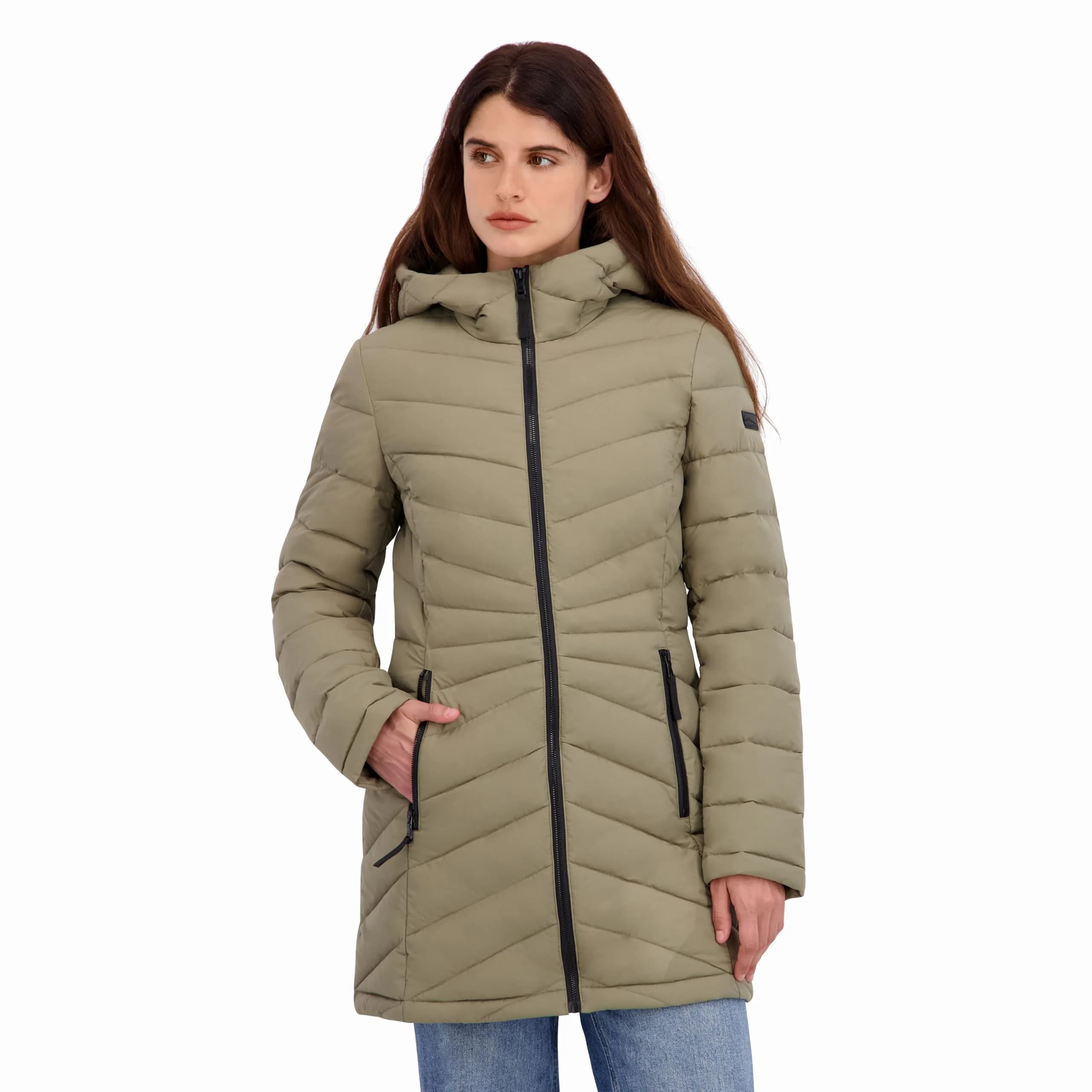 HFX Women's Longline Stretch Puffer Coat, Moss Green, Small | Active & Performance Winter Outerwear