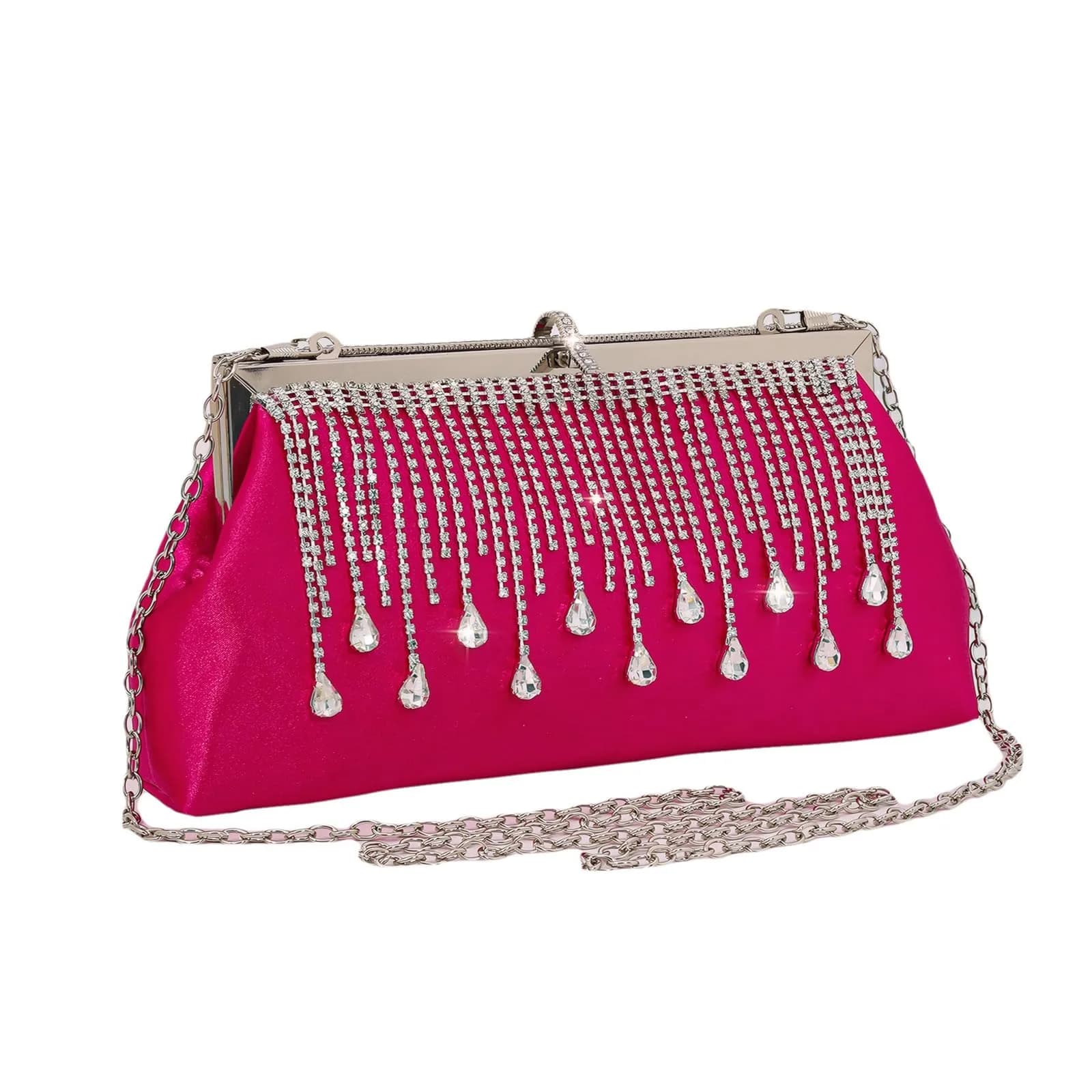 JIAN YA NA Satin Rhinestone Red Trihedral Clutch Evening Bag 11.3cm x 15.5cm | Bling Zipper Wedding Purse - main product image