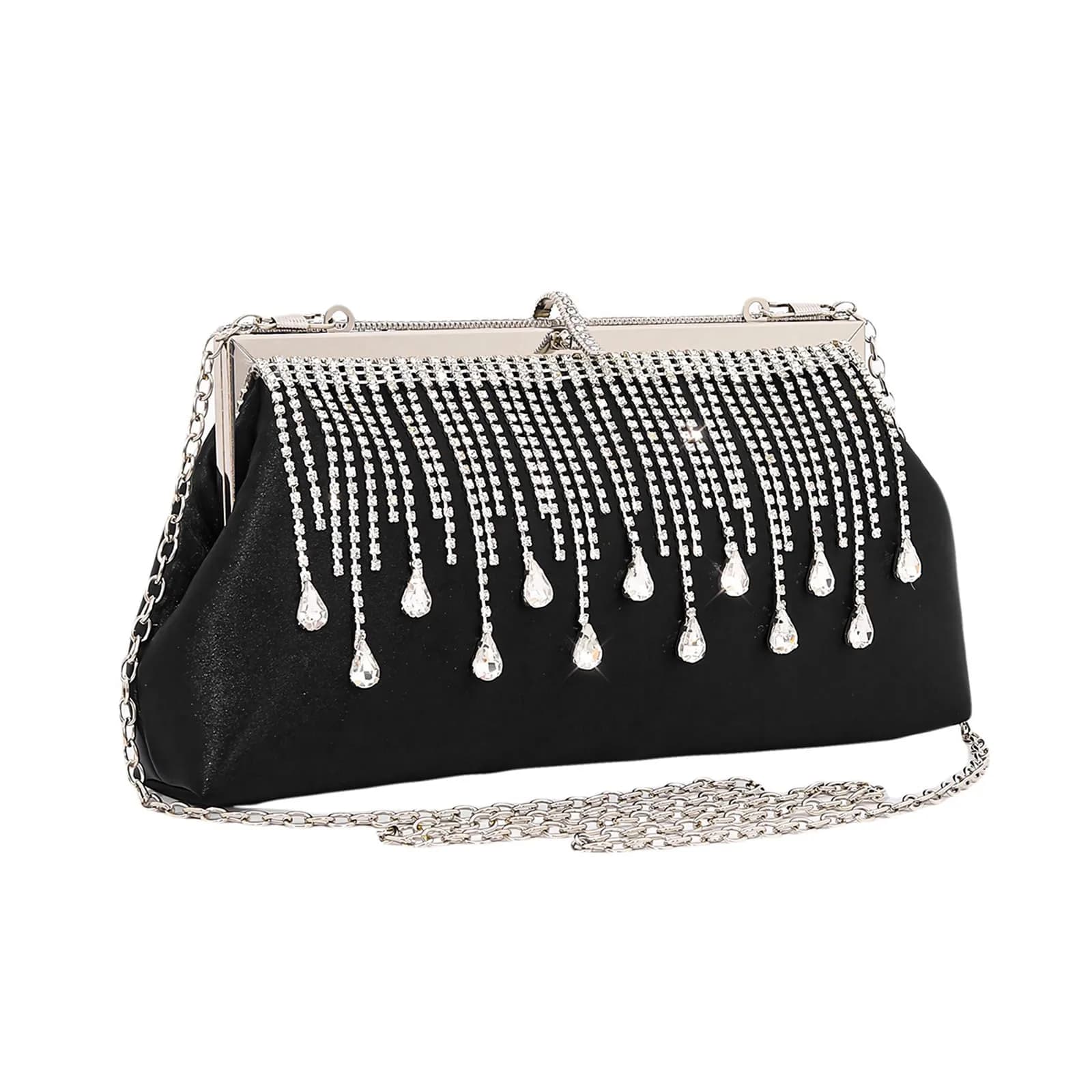 JIAN YA NA Satin Rhinestone Black Clutch Evening Bag 11.3cm x 15.5cm | Bling Zipper Wedding Purse - main product image