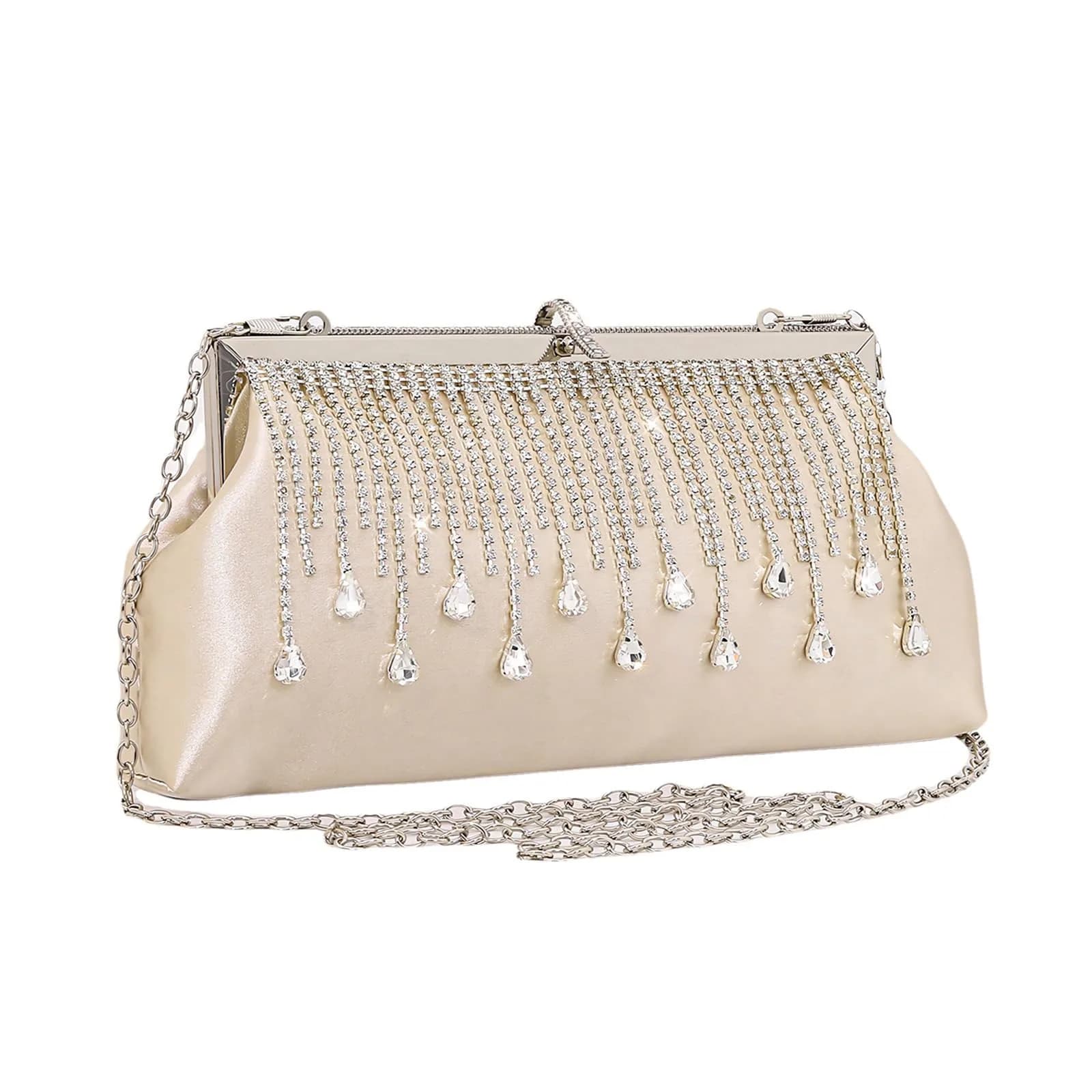 JIAN YA NA Beige Satin Fringe Rhinestone Trihedral Clutch Evening Bag - Apricot - main product image