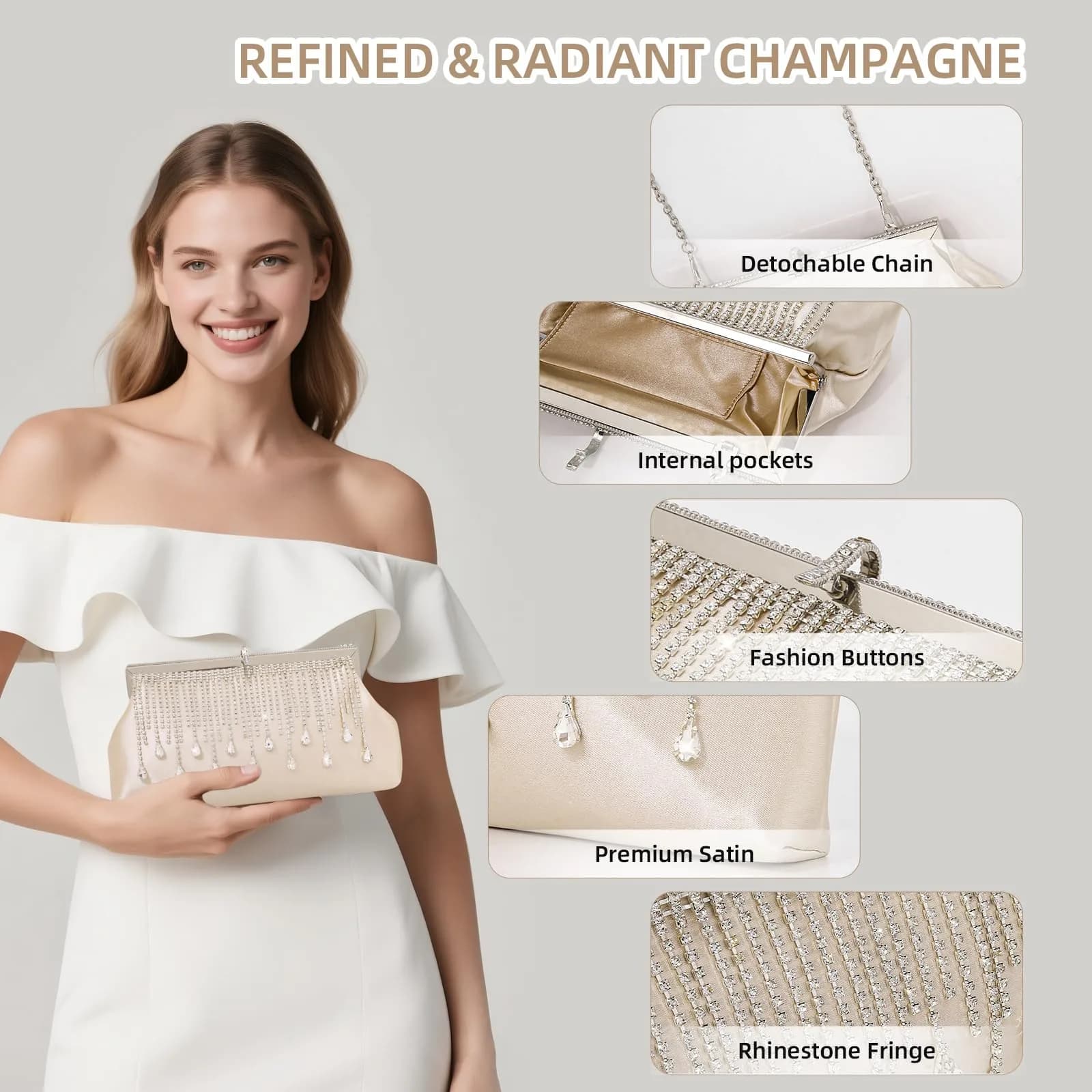JIAN YA NA Beige Satin Fringe Rhinestone Trihedral Clutch Evening Bag - Apricot - view 4