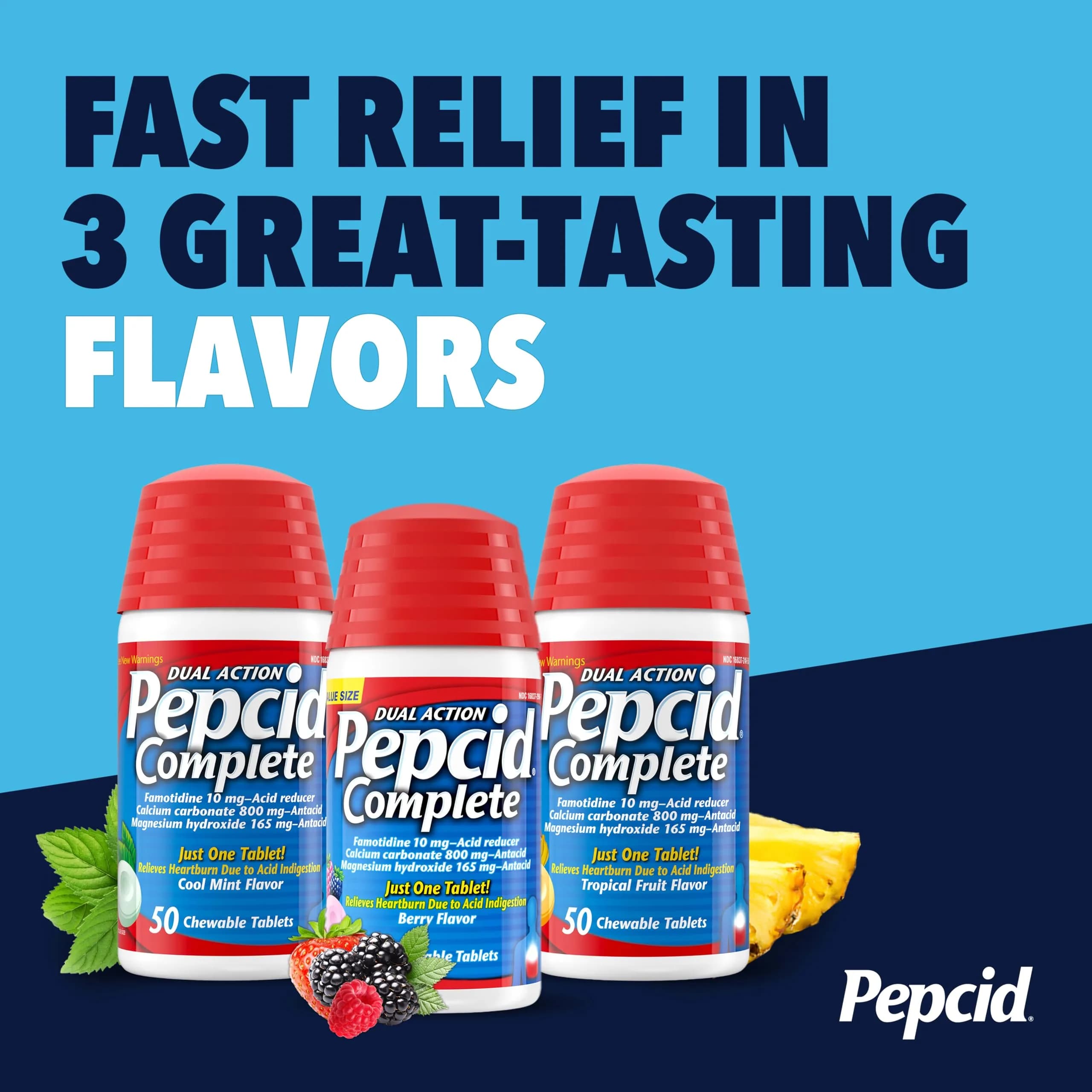 Pepcid Complete Acid Reducer + Antacid Chewable Tablets Berry 70 Count | Fast Heartburn Relief with Famotidine - view 8