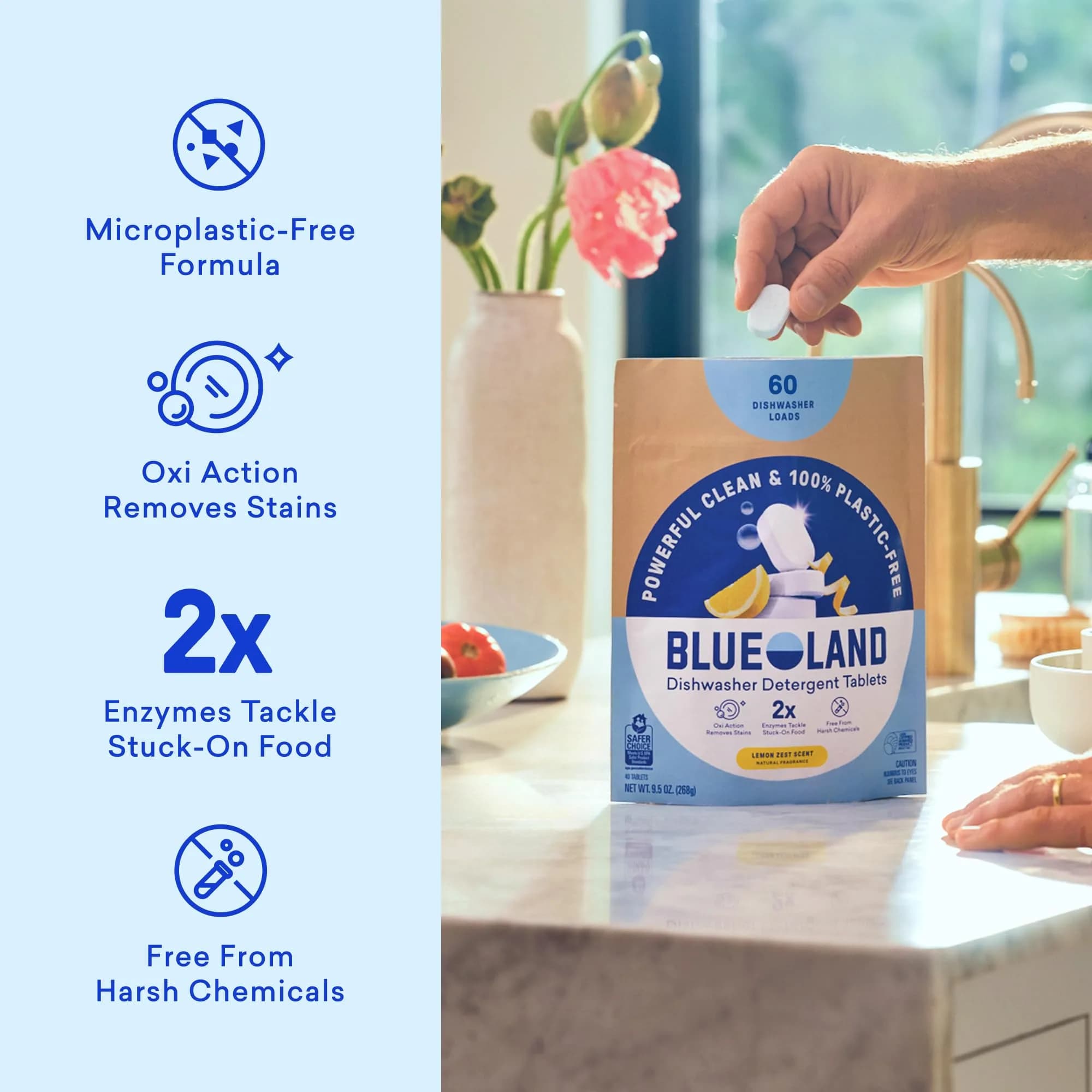 BLUELAND 100% Plastic-Free Dishwasher Detergent Tablets, 120 Count (Pack of 1) Lemon Zest | EPA Safer Choice Certified - view 2