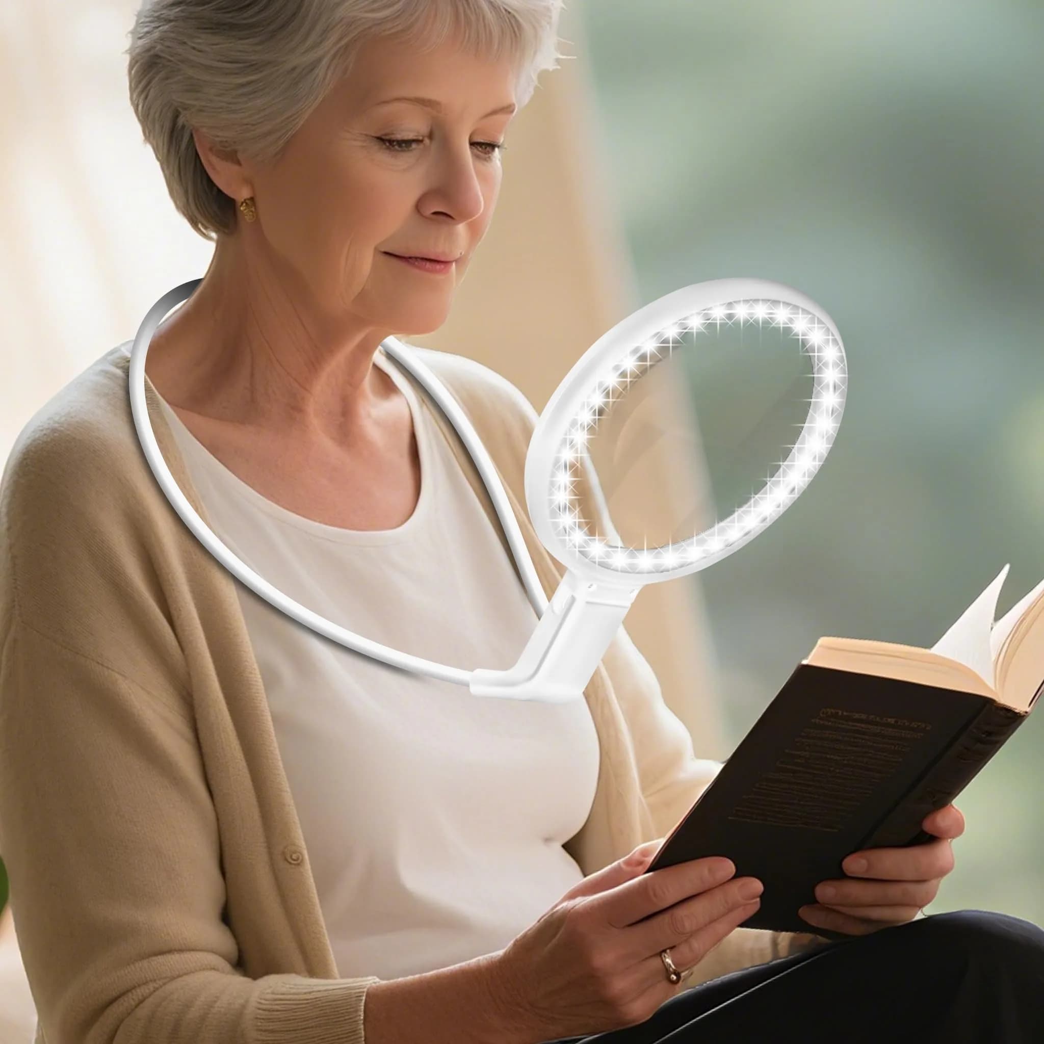 GABORISH Neck Magnifier with Light, 10X 5.2 Inch Acrylic Lens | Hands-Free Magnifying Glass for Reading, Sewing, Crafts — White