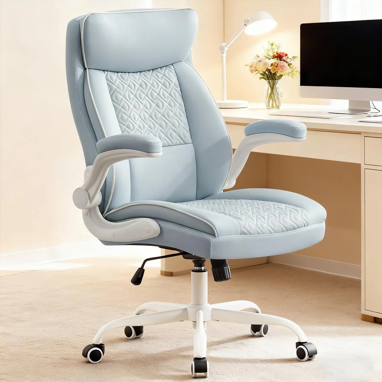 Furnistyle Executive Office Chair with High Back, Leather, Blue | Lumbar Support & Adjustable Height — Blue