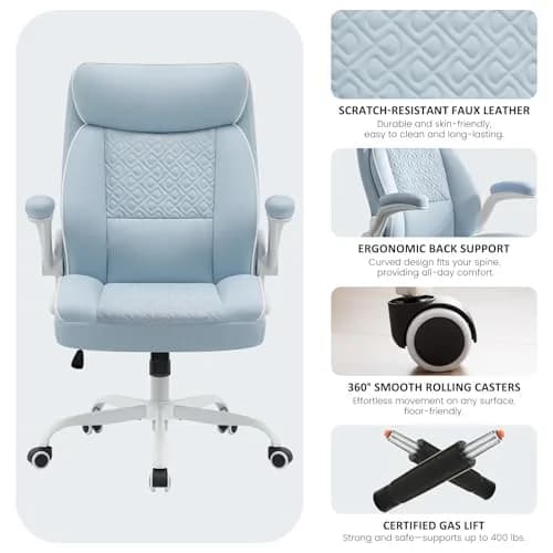 Furnistyle Executive Office Chair with High Back, Leather, Blue | Lumbar Support & Adjustable Height thumbnail 4