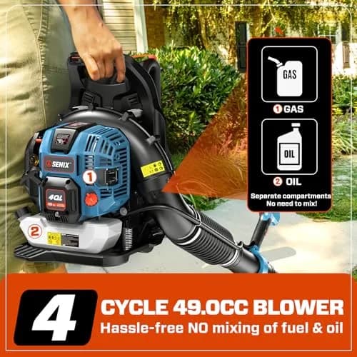 SENIX 49cc 4-Cycle Backpack Gas Leaf Blower | 600 CFM/200 MPH | Low Emission, Ergonomic Backpack Design thumbnail 4