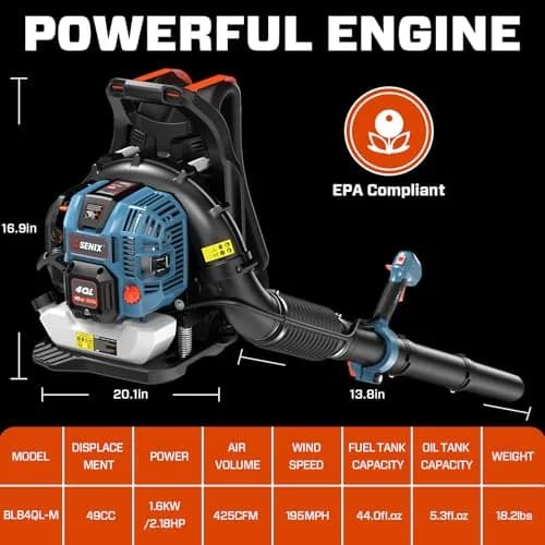 SENIX 49cc 4-Cycle Backpack Gas Leaf Blower | 600 CFM/200 MPH | Low Emission, Ergonomic Backpack Design thumbnail 2