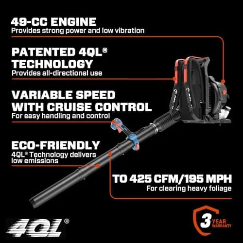 SENIX 49cc 4-Cycle Backpack Gas Leaf Blower | 600 CFM/200 MPH | Low Emission, Ergonomic Backpack Design thumbnail 3