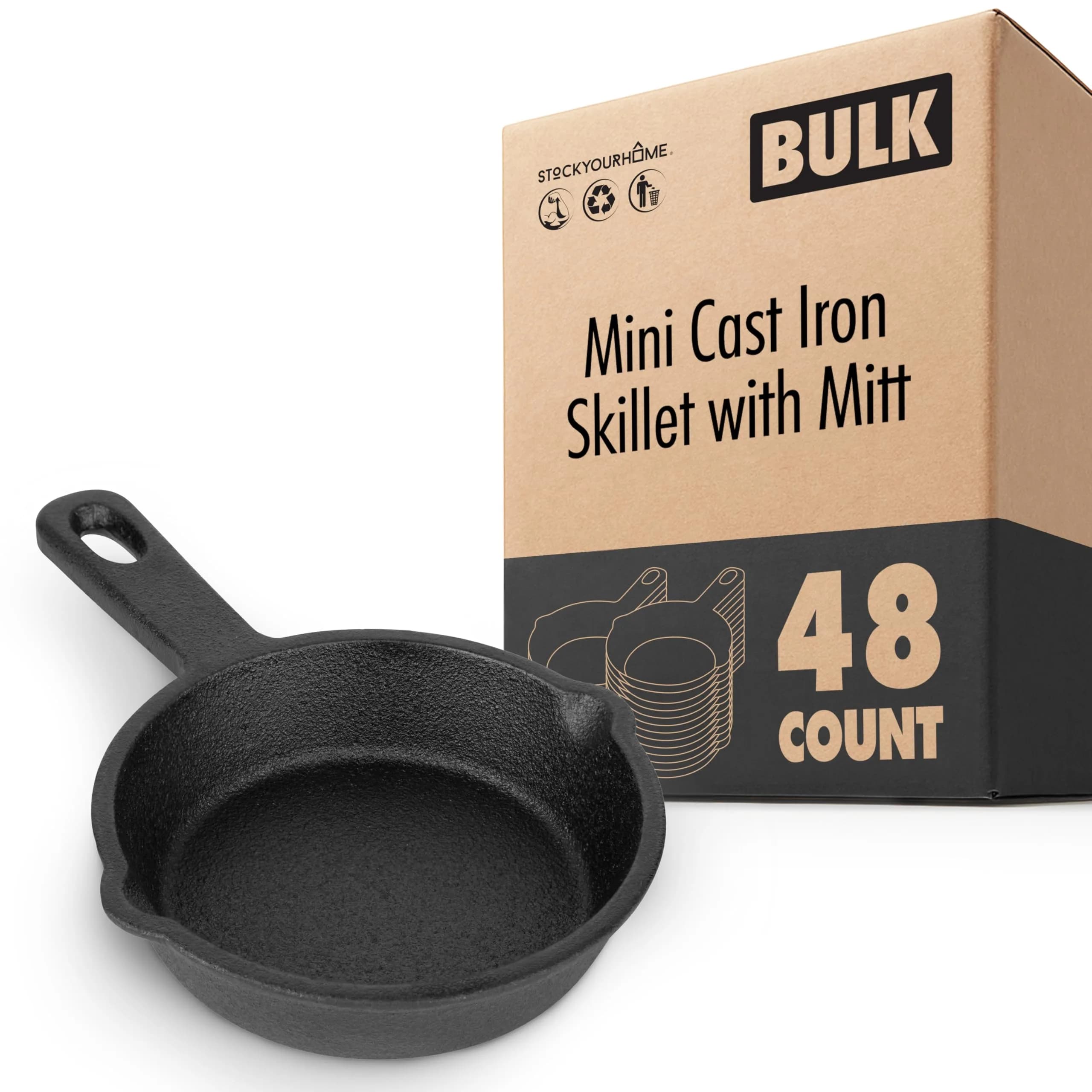 Modern Innovations Mini Black Cast Iron Skillet Set with Silicone Mitt (48 Count) - 3.5 Inch Pans | Pre Seasoned Small Skillets for Baked Cookie/Brownie or Cooked Eggs - main product image