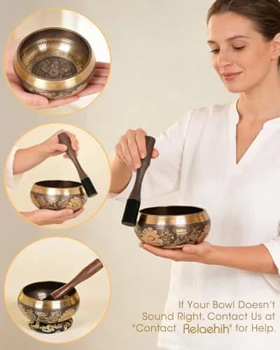 Relaehih Tibetan Singing Bowl Set 5 Inch | Authentic Nepal Hand-Hammered Meditation Chakra Sound Bowl with Mallet & Cushion thumbnail 8
