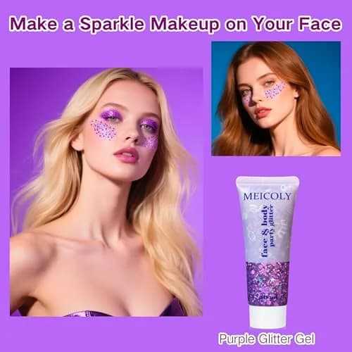 MEICOLY Purple Hair Glitter Kids Makeup | Holographic Halloween Sparkly Face Glitter thumbnail 7