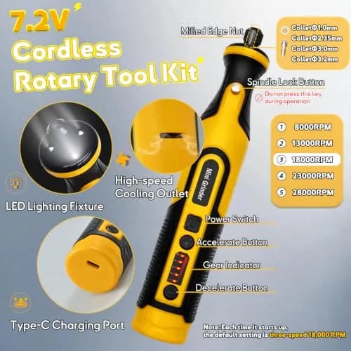 XIFOWE 7.2V Mini Cordless Rotary Tool | 59 Attachments for DIY Crafts, Metal & Wood Polishing, 3D Resin Sanding thumbnail 2