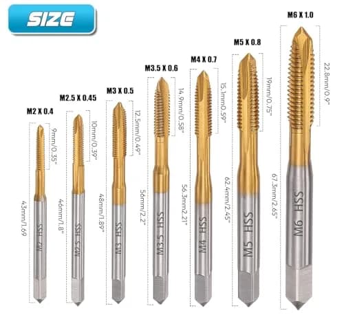 Saipe 7pcs M2-M6 Metric Spiral Point Tap Set with Titanium Coating | HSS 6542 Machine Screw Taps thumbnail 4