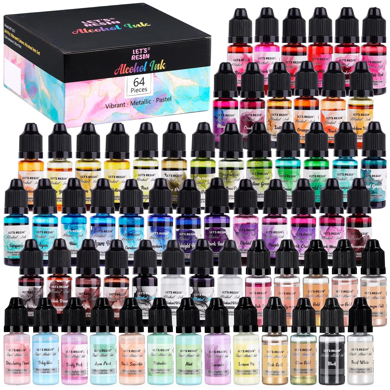 LET'S RESIN 64pcs Alcohol Ink Set, 9 Pastel & 9 Metallic Colors, 640ml (21.6 oz) | Vibrant, Blendable, Non-Toxic