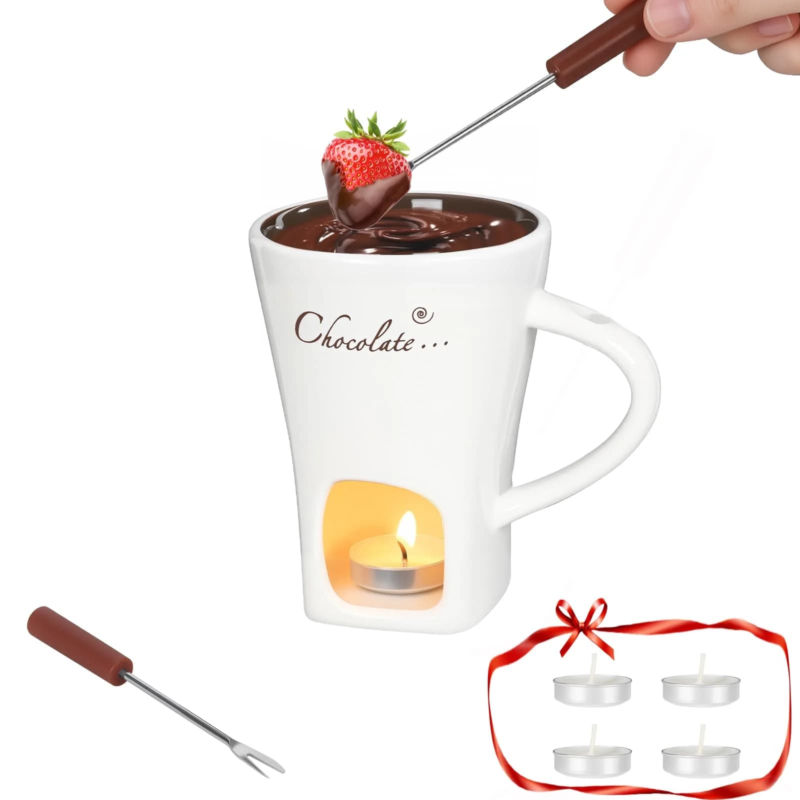 daslich Fondue Pot Cup Set | Ceramic Chocolate & Cheese Melting Mug for Date Night & Parties — White