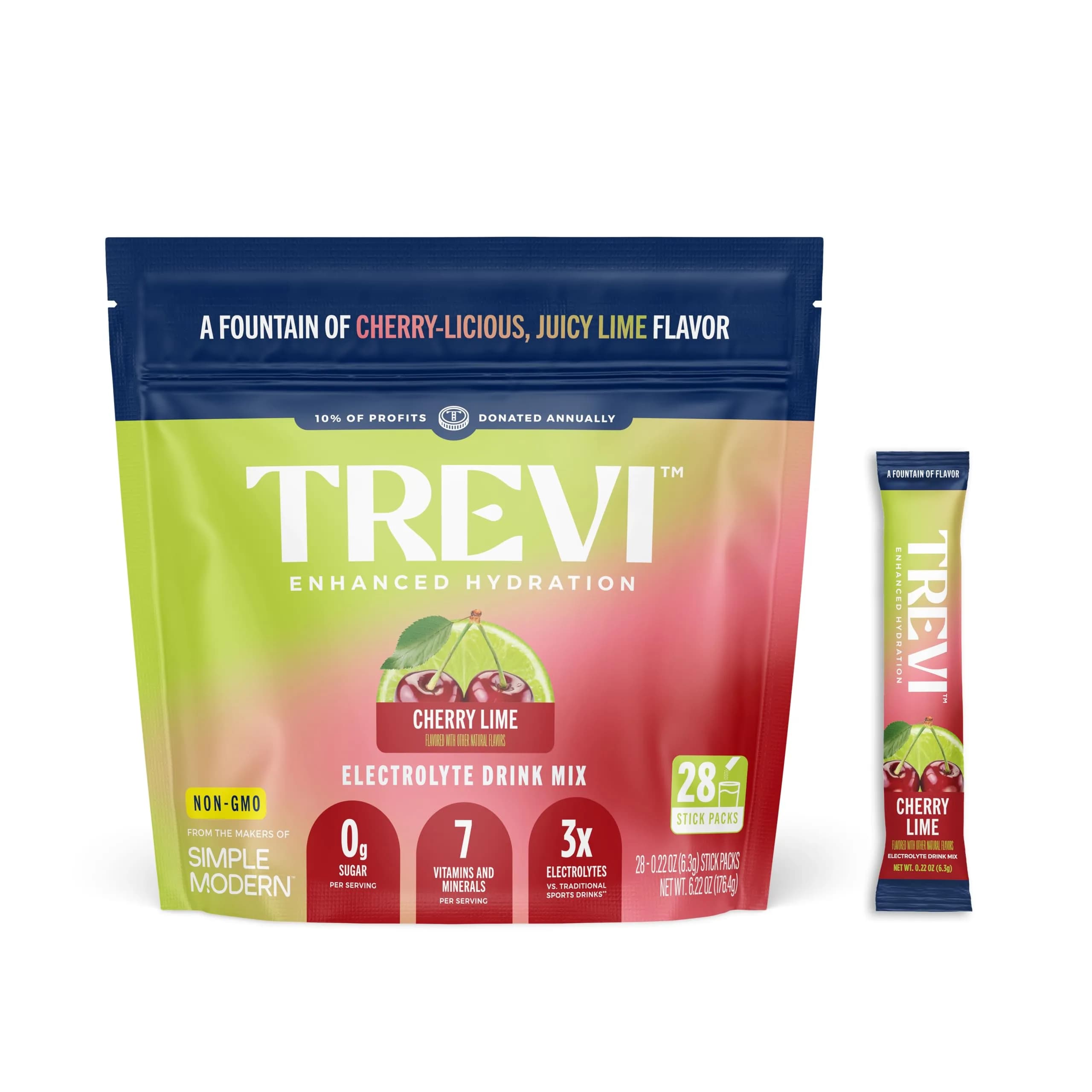 TREVI Everyday Sugar Free Electrolytes Drink Mix Hydration Powder Packets 28 Count Cherry Lime | Essential Hydration with 3x Electrolytes - main product image